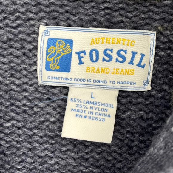 Fossil Brand Jeans Men's Gray Cable Knit Quarter Zip Sweater L Lambswool Blend - Picture 7 of 8